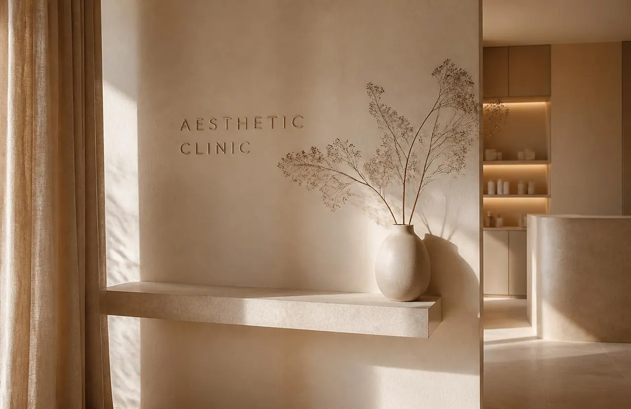 Detalhe do ambiente acolhedor da clínica em tons nude